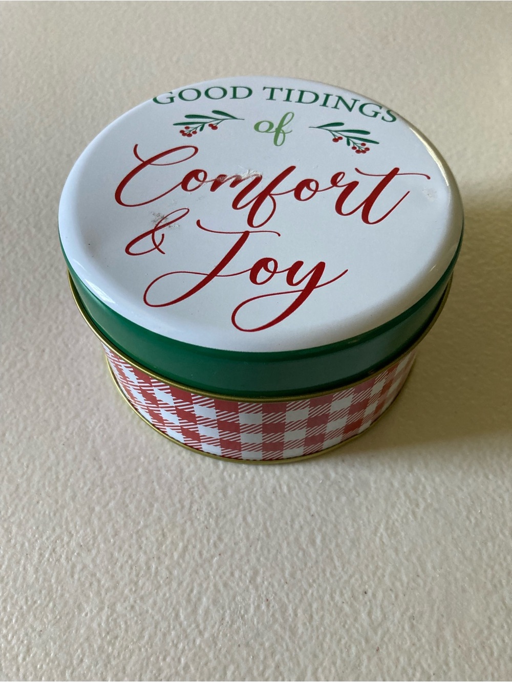 Holiday Style Mini Round Metal Tin w/ Lid Check Plaid Good Tidings Comfort Joy